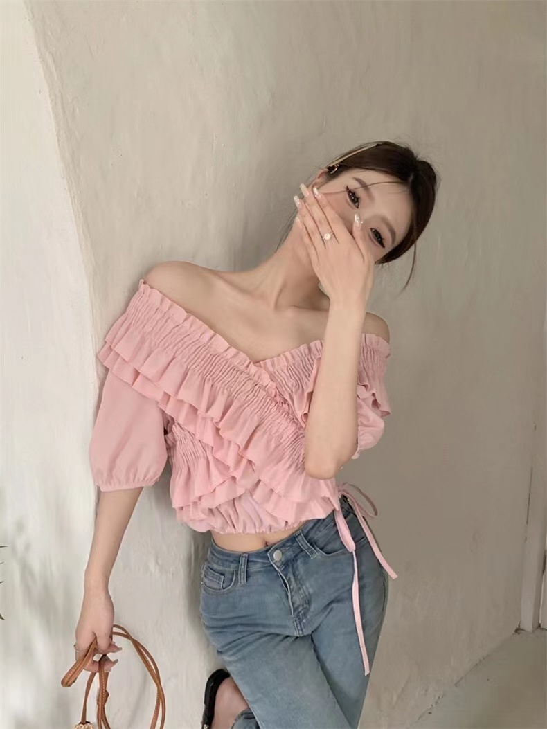 Short-sleeved shirt women's summer new French V-neck cross niche ruffles unique chic slim short top