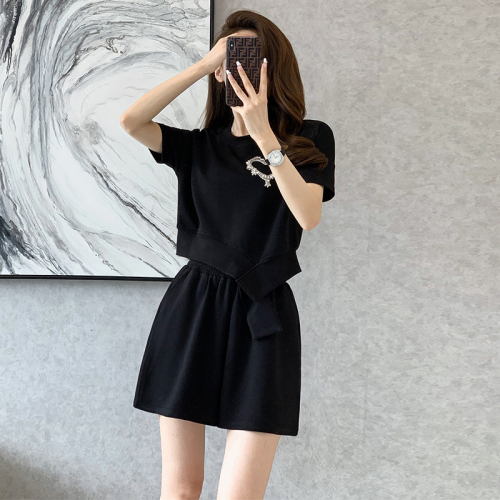 Official Picture Casual Shorts Suit Women's Summer  Korean Version Round Neck Sports Diamond-studded Student Large Size Women's Clothing
