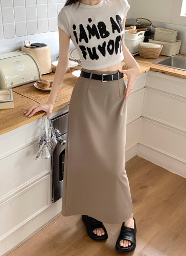 Real price 2022 summer new high-end suit skirt women's high waist a-line slit long skirt with belt