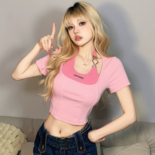 Hong Kong-style retro age-reducing small fresh hit color splicing fake two-piece slim navel T-shirt women's all-match