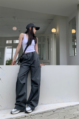 Real Shot Spring and Summer Thin Workwear Casual Pants Women's Niche Design Beamed Pants Mopping Pants Wide Leg Pants Pants