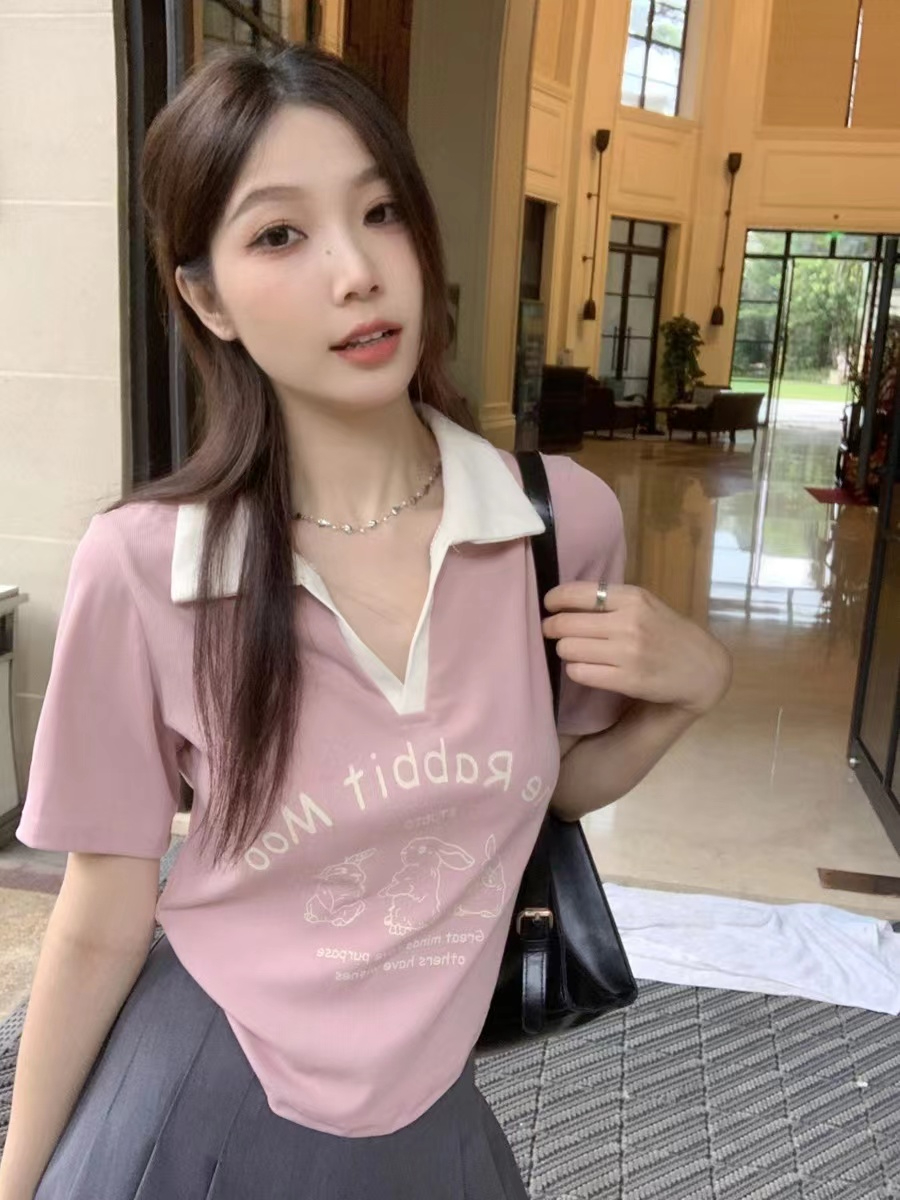 250g threaded short-sleeved t-shirt women's summer slim fit printed shoulder short top
