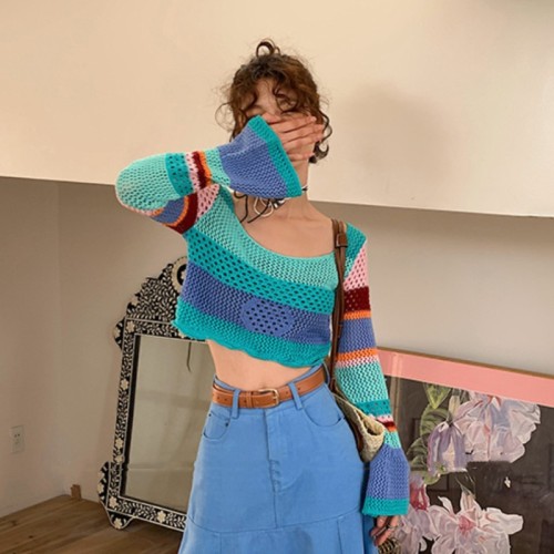 Korean version trumpet sleeve striped hollow knitted top women's 2023 spring and summer new short section exposed navel sunscreen shirt
