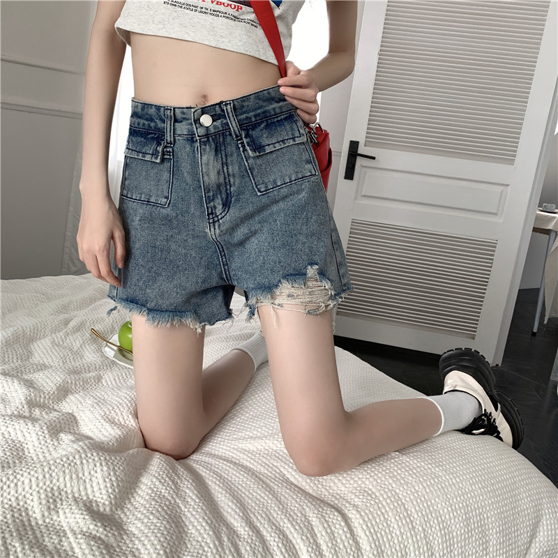 Real shot 2023 summer retro denim shorts women's new style old high waist hot girls with holes A word raw edge hot pants