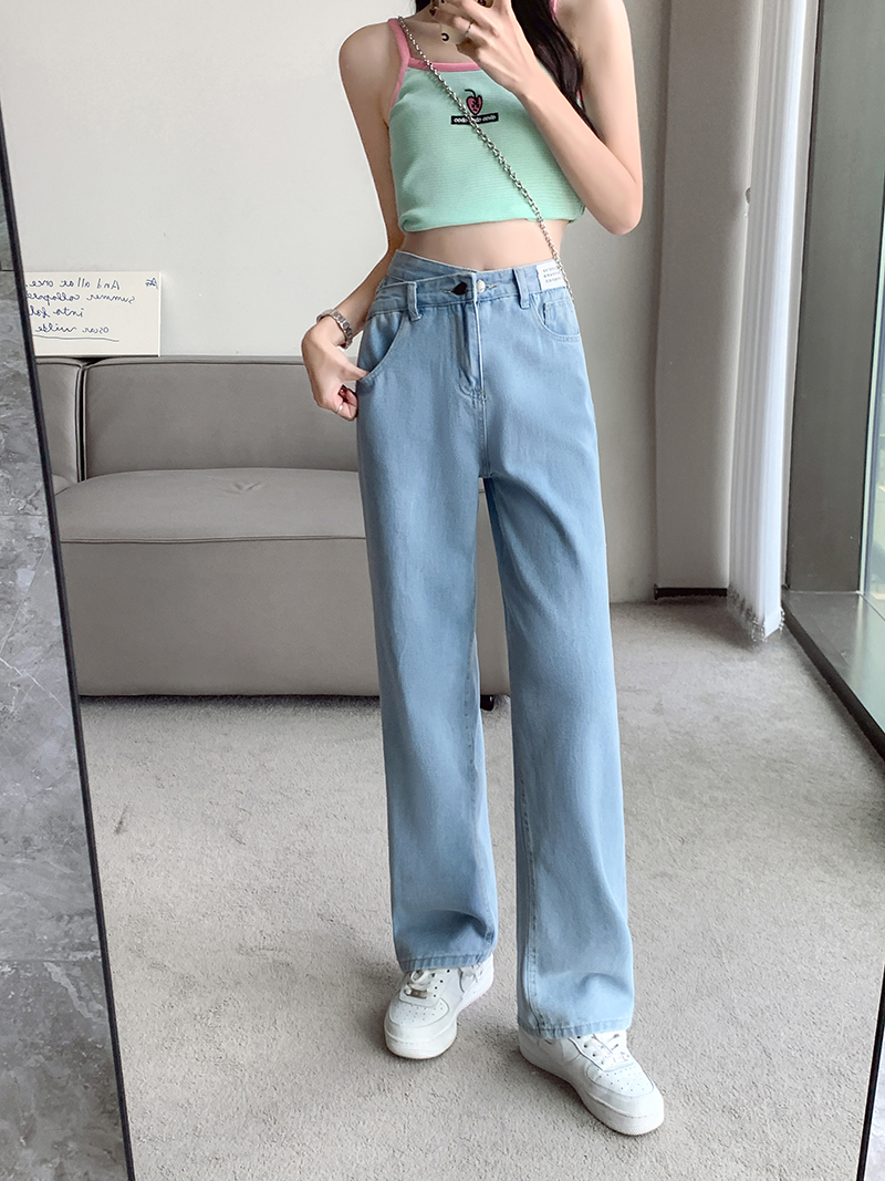 Real shot real price high waist wide leg jeans women's new design sense cross waist loose straight pants slim trousers