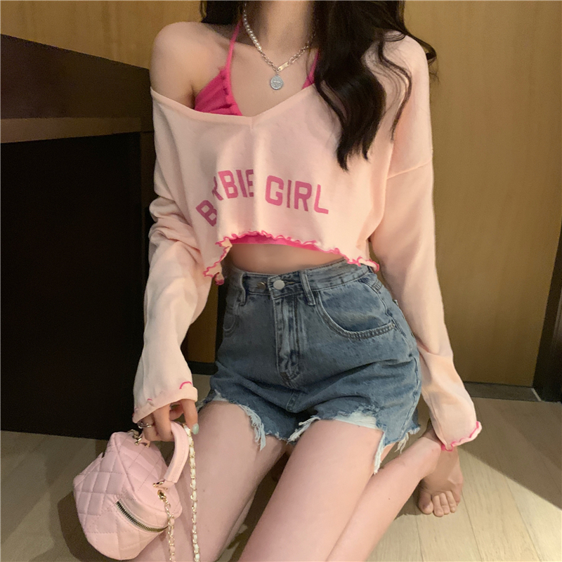 Spice Girl Suit Female Slim Hanging Neck Camisole Summer Short Printed Long-sleeved T-shirt Knitwear Two-piece Set
