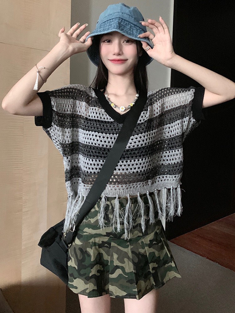 Striped mesh hollow top women's loose lazy blouse breathable thin section tassel short sunscreen shirt