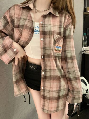 Real shot Lazy, gentle and windy style wearing jacket ins Hong Kong style female 2023 long-sleeved sunscreen polo plaid shirt