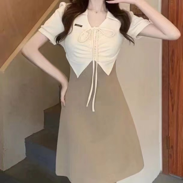 French retro gentle style drawstring pleated short-sleeved dress women's sweet and self-cultivating niche package hip skirt fake two-piece fashion
