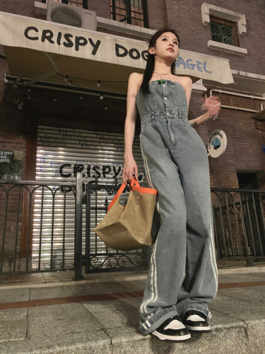 Real price real price tube top denim jumpsuit design sense double pole casual high waist wide leg jeans
