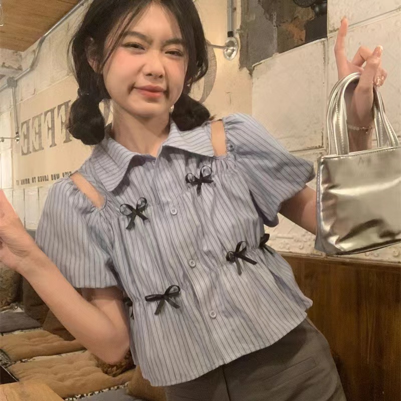 2023 striped single-breasted princess sleeve waist shirt handmade small bow doll shirt