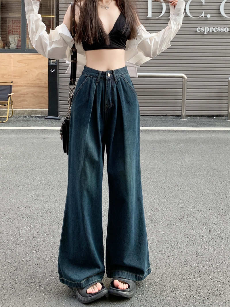 Real shot real price#New high-waisted jeans women's design sense washed retro loose wide-foot mopping pants