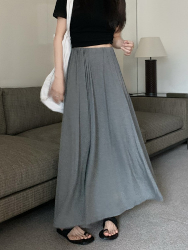 Pure color long skirt women's summer Korean version  new high waist slim elastic waist all-match A-line skirt