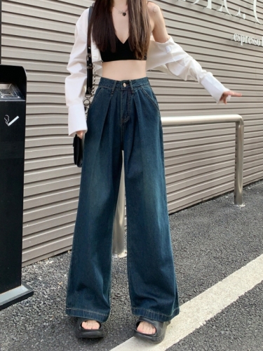 Real shot real price#New high-waisted jeans women's design sense washed retro loose wide-foot mopping pants