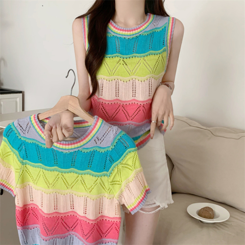 Real shot real price Summer design sense chic niche color hollow rainbow striped knitted vest short-sleeved T-shirt