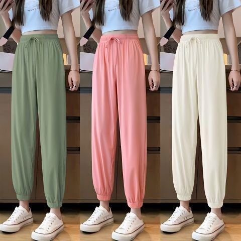 Ice Silk 2023 Summer New Korean Style Loose Casual Straight Harem Cropped Pants Female High Waist