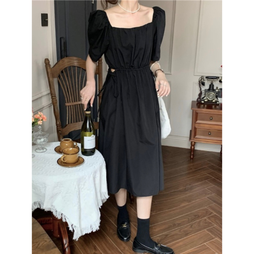 Real price real price Korean style temperament solid color dress French waist slimming square collar puff sleeve elastic mid-length skirt
