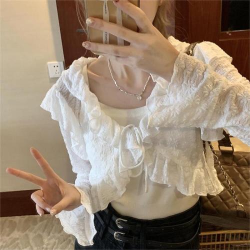  summer new French style sweet and gentle wind lotus leaf side strap lace chiffon shirt short section small shirt top women