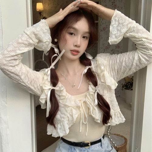  summer new French style sweet and gentle wind lotus leaf side strap lace chiffon shirt short section small shirt top women