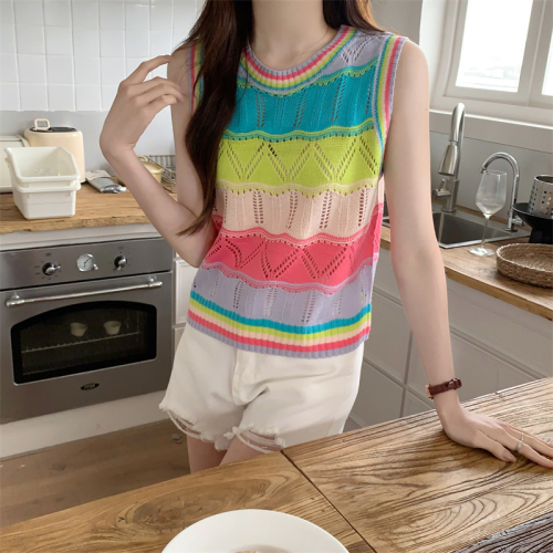 Real shot real price Summer design sense chic niche color hollow rainbow striped knitted vest short-sleeved T-shirt