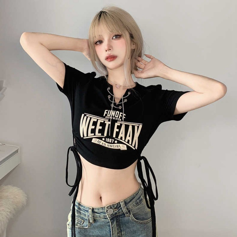 Official picture 6535 pull frame cotton American short-sleeved printed T-shirt female summer design sense chain V-neck hot girl