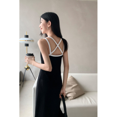Black suspender dress women's summer new backless hot girl long section French tea break skirt waist a-line skirt