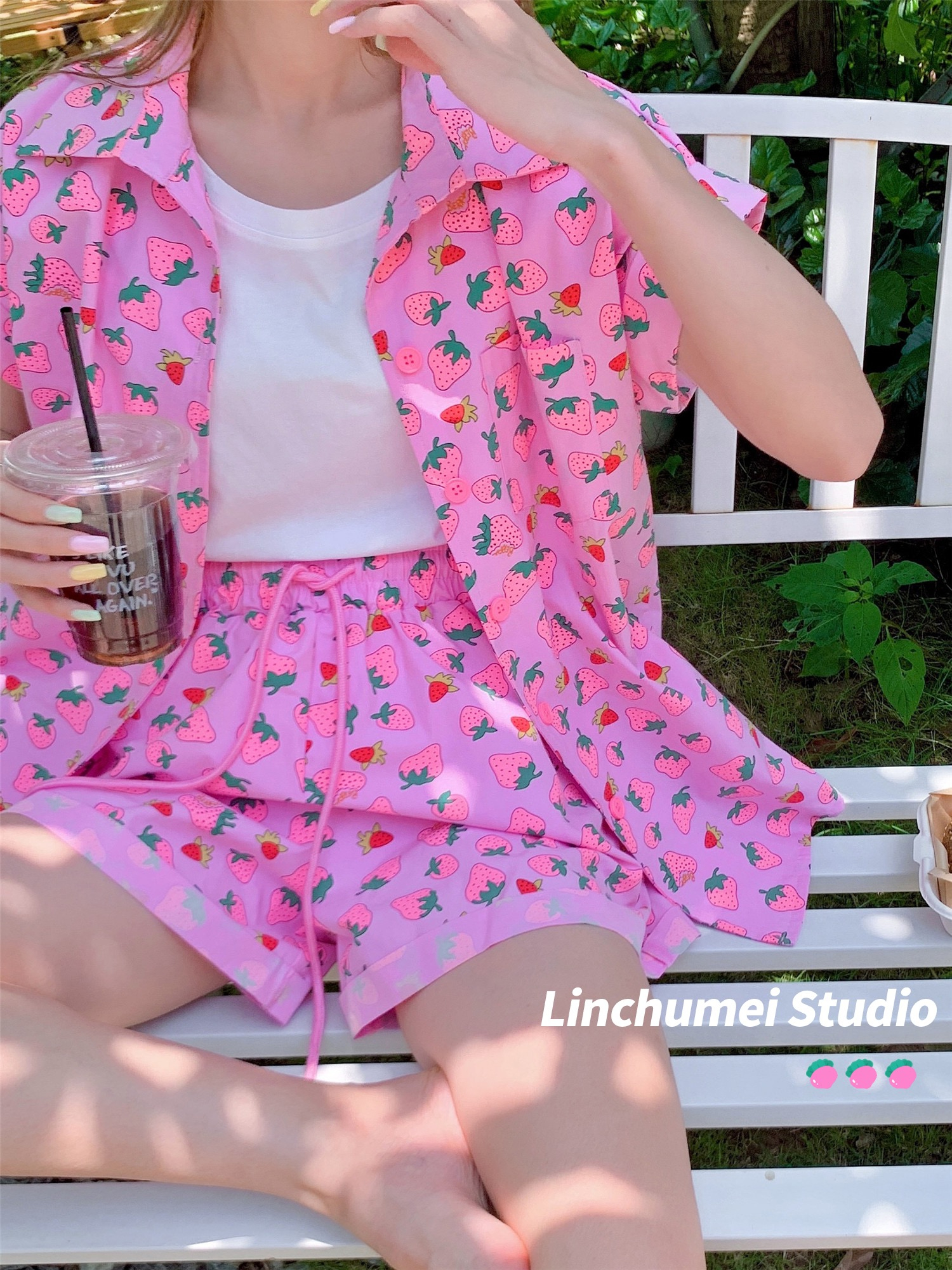 Shorts suit women's summer sweet strawberry short-sleeved polo shirt coat belly cover fashion casual two-piece set