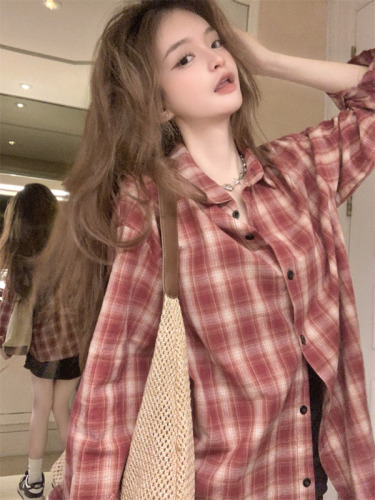 Real shot Lazy, gentle and windy style wearing jacket ins Hong Kong style female 2023 long-sleeved sunscreen polo plaid shirt
