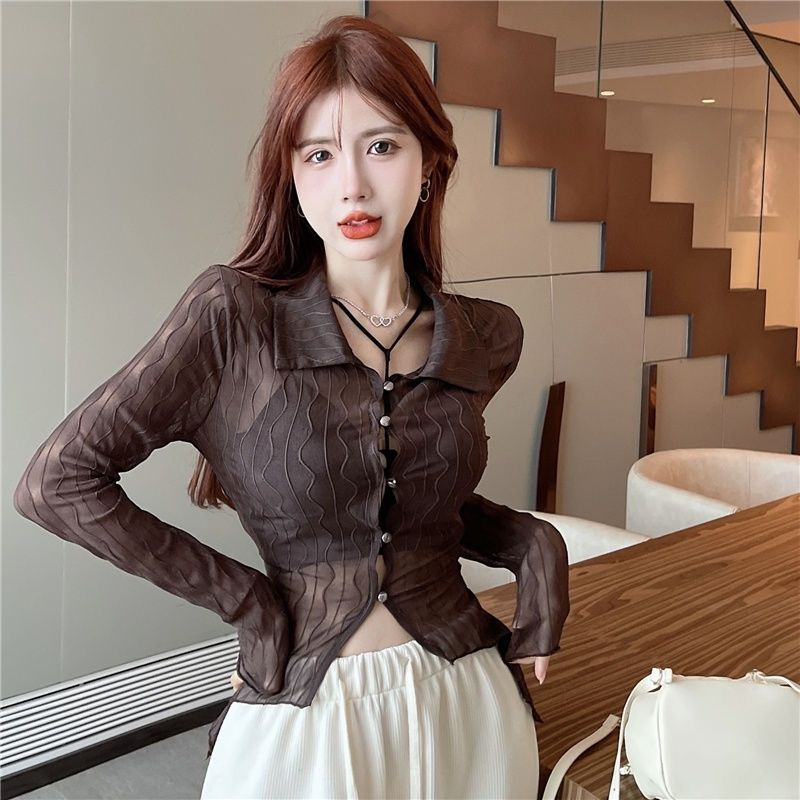 Mesh French Spice Girls Long-sleeved Sunscreen Shirt Irregular Short Design Semi-See-Through Top