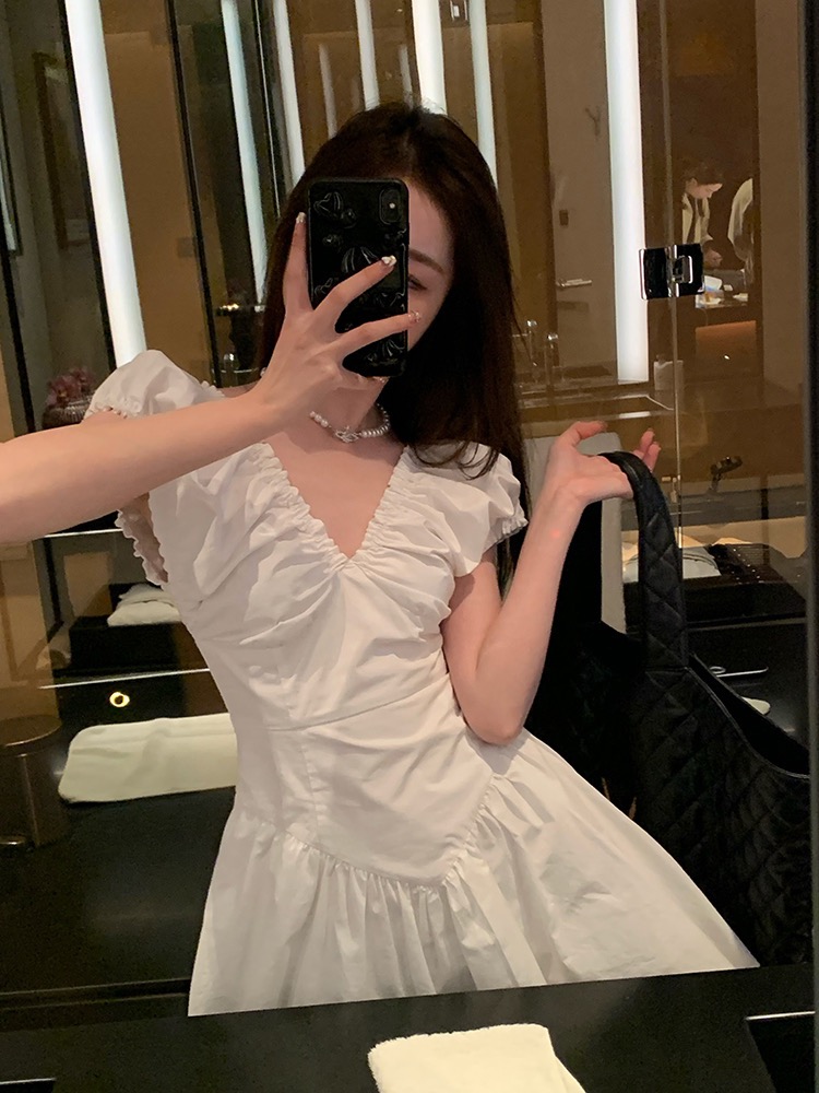 French white pleated dress women's summer high-end sense waist slimming sweet fairy princess skirt
