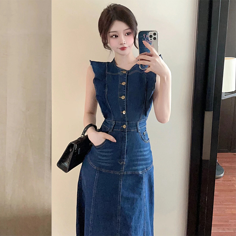 Real shots of women's clothing American retro high street waist waist royal sister mid-length skirt small fragrance style sleeveless waist waist denim dress
