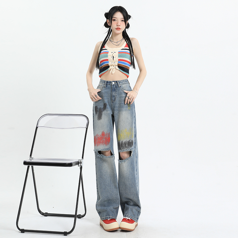 Real shot 2023 summer new high street hand-painted splashed ink holes straight wide-leg jeans women