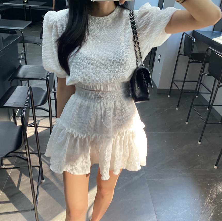 Original Puff Sleeve Top + Drawstring Skirt with Wood Ears Fashion Set