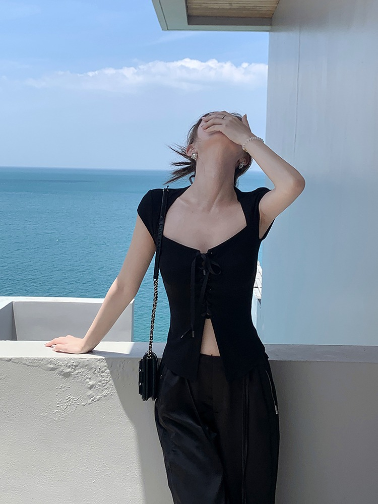 Ice silk thread black top women's summer design sense niche straps slim-fit short-sleeved French short shirt
