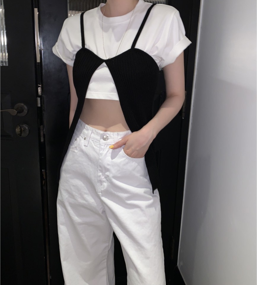 Korean chic summer new short round neck T-shirt + camisole two-piece suit