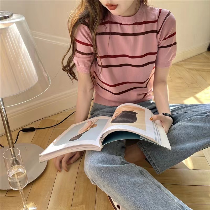 Retro western style casual all-match short-sleeved round neck slim-fit contrast color striped ice silk knitted sweater top for women