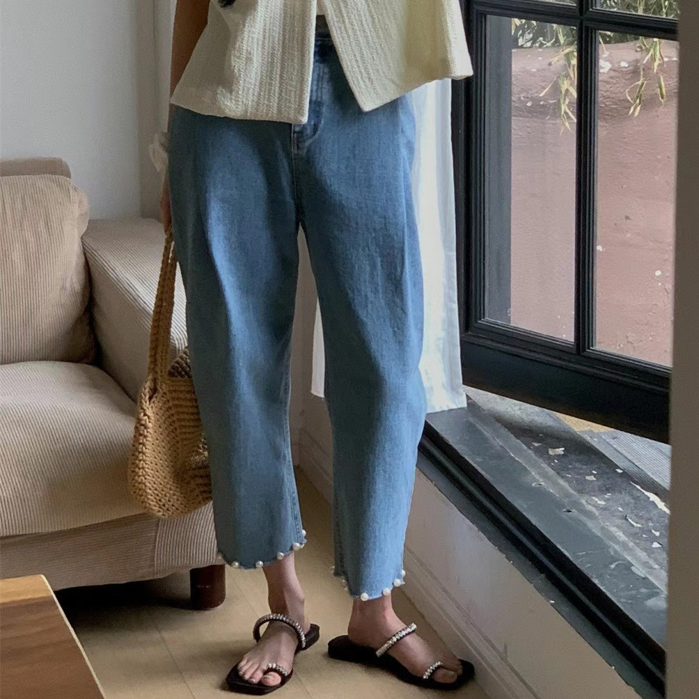 Unique Pearl Design Denim Split Pants Carrot Pants
