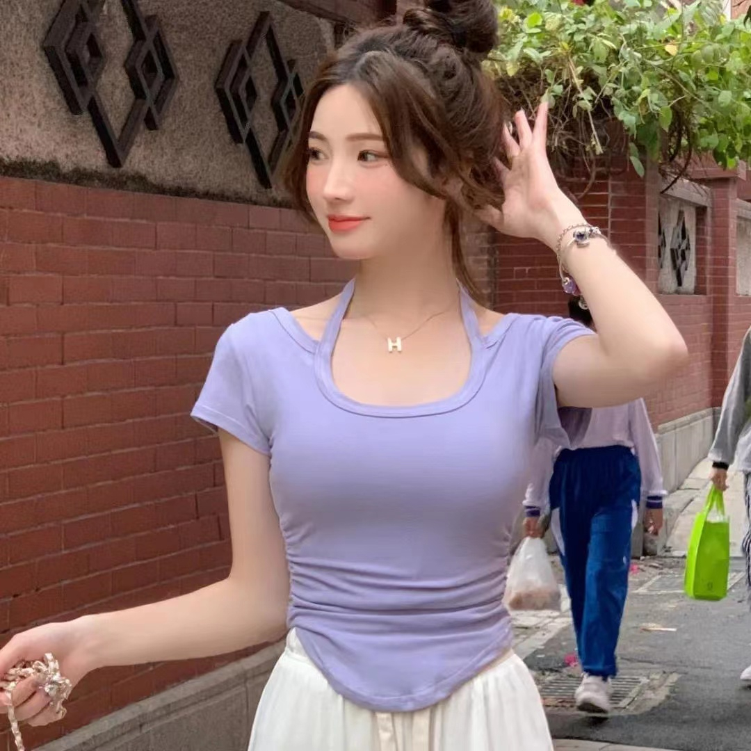 Irregular short-sleeved T-shirt women's summer 2023 new American style retro hanging neck pure desire style hot girl thread top