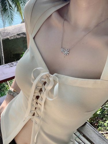 Ice silk thread black top women's summer design sense niche straps slim-fit short-sleeved French short shirt