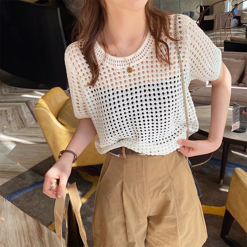 Hollow short-sleeved knitted sweater women's summer thin section design sense niche chic unique loose all-match blouse top