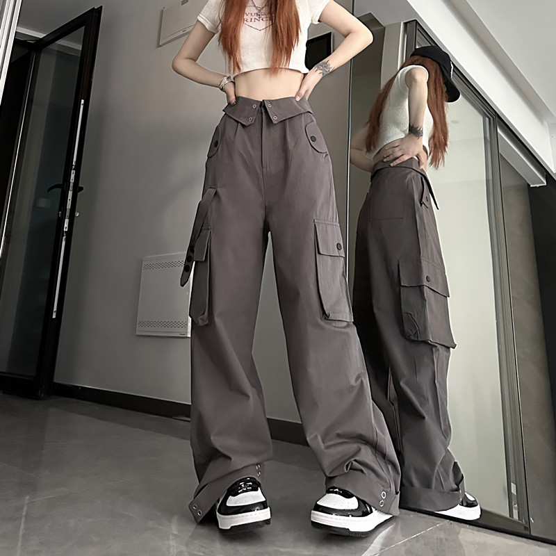 Real shot#Workwear pants female 2023 summer new American style high street design sense multi-pocket straight casual wide-leg pants