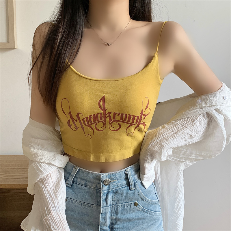 Real shot with chest pad yellow camisole Xiamei sexy short sweet and spicy top