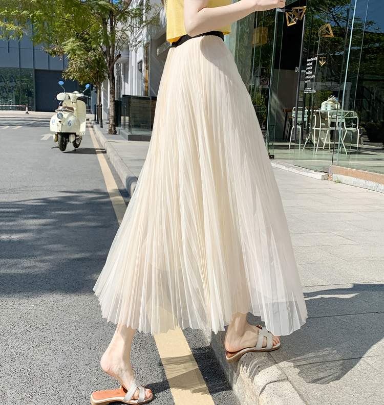 2023 pure color chiffon boudoir dress net red Korean version loose mid-length skirt skirt preppy style