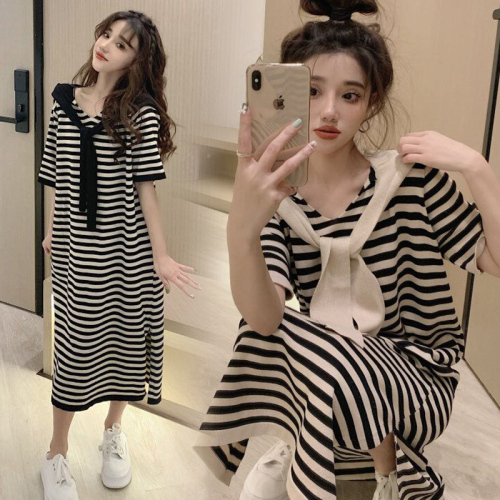  summer new women's striped loose design sense niche hooded long skirt foreign style fashion knitted dress