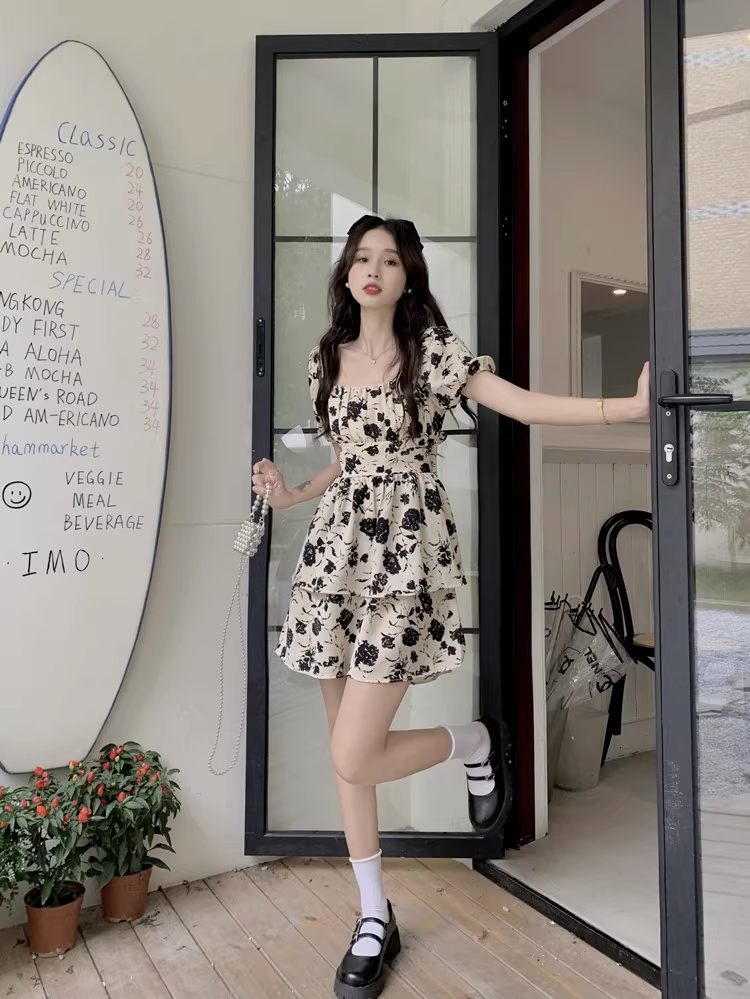 V-neck suspender dress women's spring French niche waist slimming ink floral temperament skirt