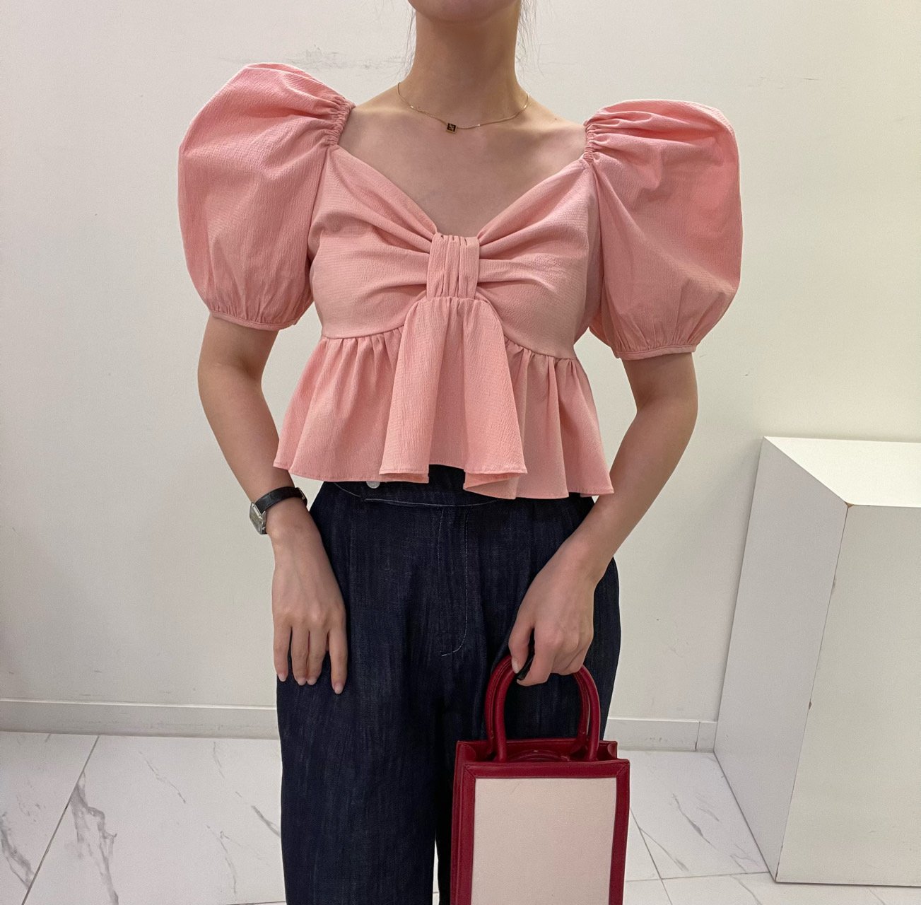 Sweet girls puff sleeve all-match bowknot dress