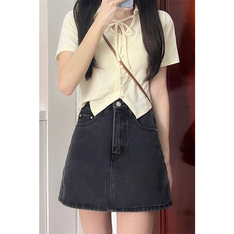 Strap design sense polo shirt short-sleeved t-shirt women's summer slim sweet and spicy short top