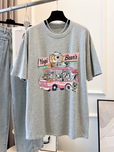 Real shooting combed cotton large size summer new cartoon printing round neck short-sleeved T-shirt female loose Korean version top