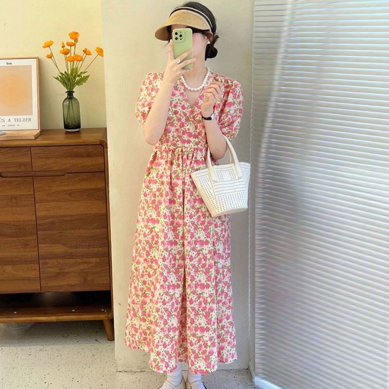 French tea break gentle wind waist dress 2023 new summer dress pink floral fairy dress summer