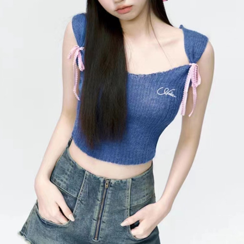 Ins summer American babes hit color bow tie strap woolen hanging neck camisole short top female